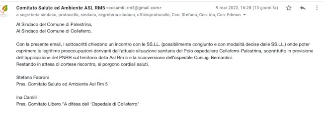 Mail richiesta audizione sindaci Colleferro Palestrina min